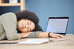 Sleep, office burnout and black woman tired from review of stock market data, economy infographic or trading analytics. Business fatigue, overtime and sleeping trader with forex, NFT or bitcoin chart