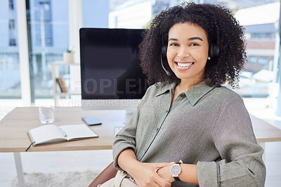 Buy stock photo Call center, portrait and black woman, technical support agent or help desk person for service goals, target and smile. Happy customer care, telemarketing or telecom consultant or crm worker face