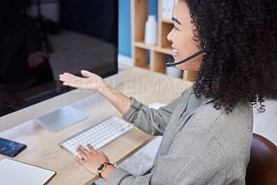 Buy stock photo Call center, telemarketing and woman with a computer for customer support, crm and receptionist. Contact us, help and happy agent talking online, giving service and planning on a pc at an agency