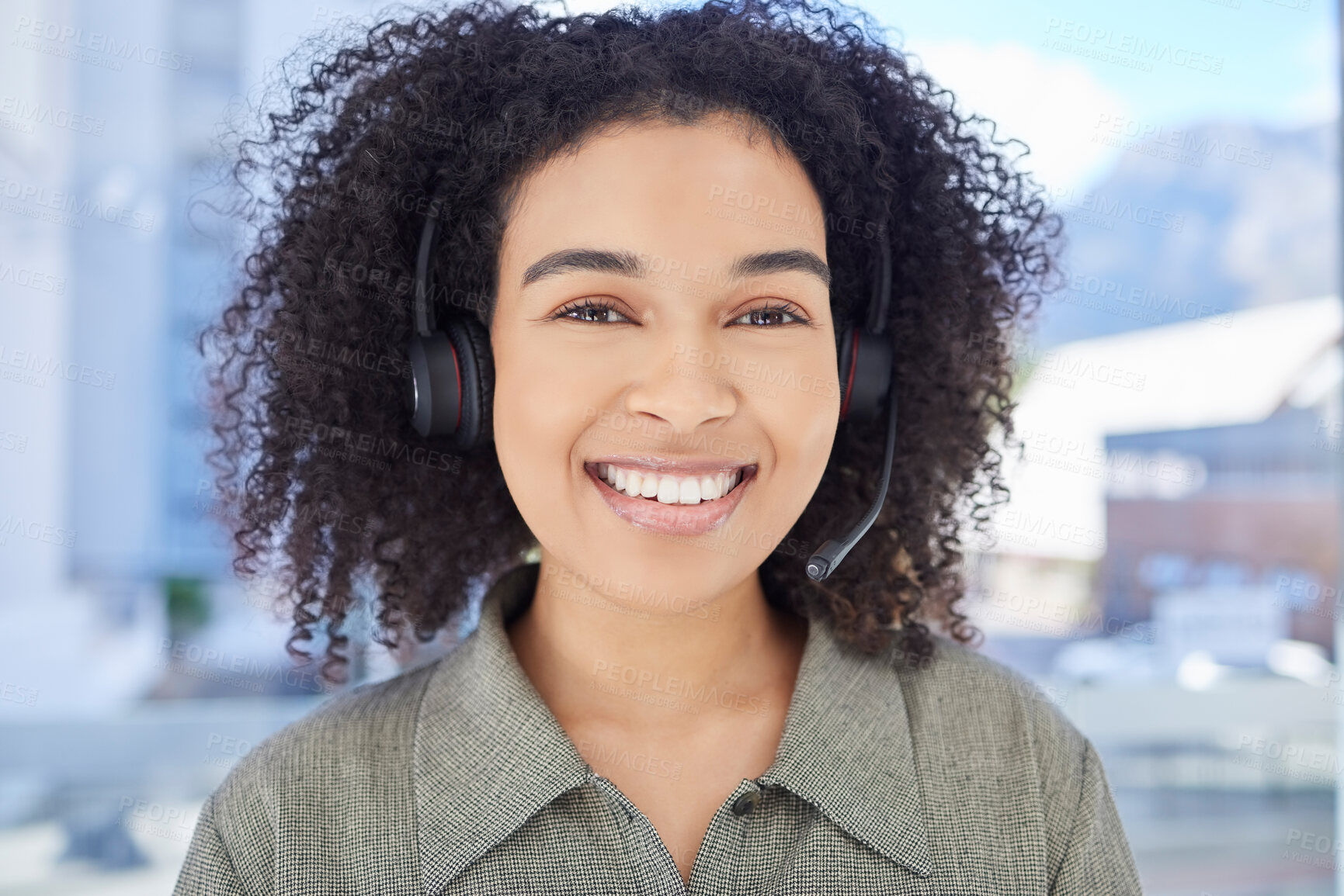 Buy stock photo Call center, smile and portrait of business woman for customer service, consulting and technical support. Help desk, advisory and telemarketing with employee and microphone for online sales in office