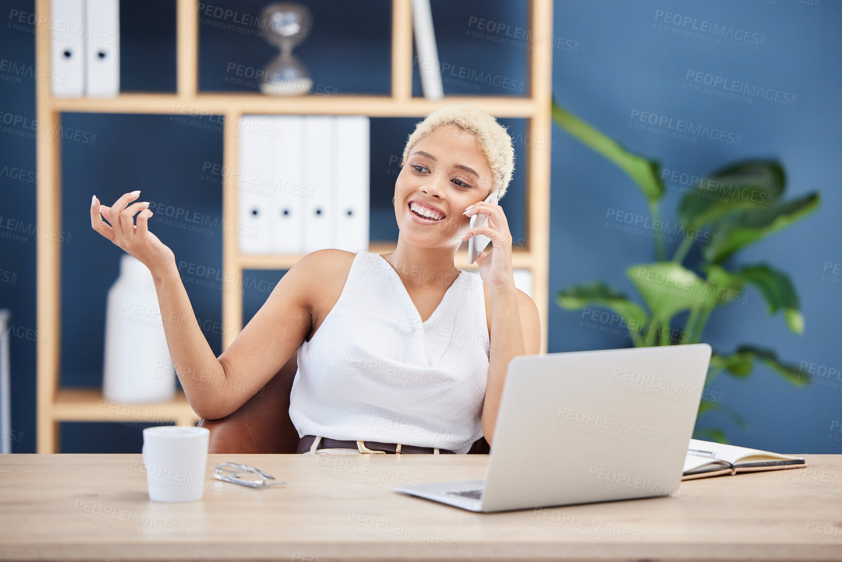 Buy stock photo Business, black woman and phone call in office, conversation and planning for new project. African American female employee, boss and leader with smartphone for connect, corporate deal and discussion