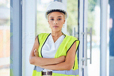 Buy stock photo Portrait, engineering contractor or black woman in architecture career vision, leadership and goals. Proud, values and safety of construction worker, person or manager with building or design mission