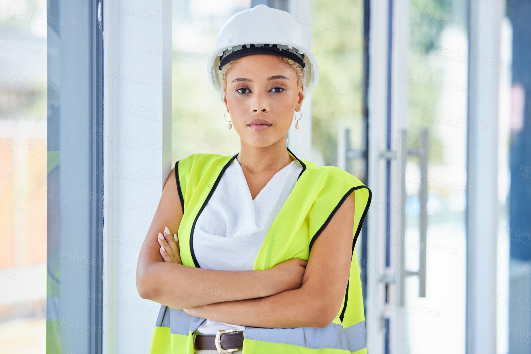 Buy stock photo Portrait, engineering contractor or black woman in architecture career vision, leadership and goals. Proud, values and safety of construction worker, person or manager with building or design mission