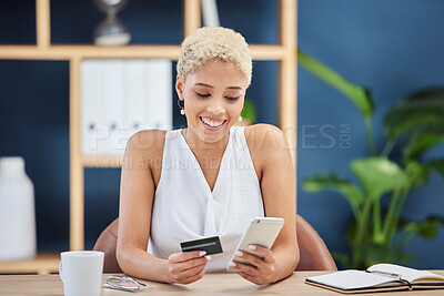 Buy stock photo Business woman, ecommerce with credit card and smartphone in office, happy with payment and bank. Internet, banking and online shopping with corporate leader, finance with digital sale and retail