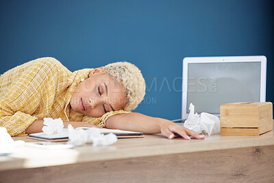 Work, covid and woman at desk sleeping with tissue paper and laptop, tired and overworked from flu or cold. Sick, exhausted and sleep, office employee health risk with illness, burnout or insomnia.