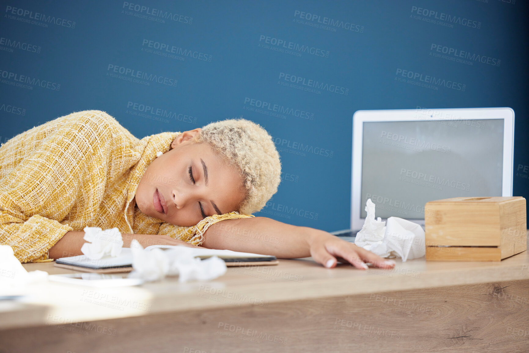 Buy stock photo Work, covid and woman at desk sleeping with tissue paper and laptop, tired and overworked from flu or cold. Sick, exhausted and sleep, office employee health risk with illness, burnout or insomnia.