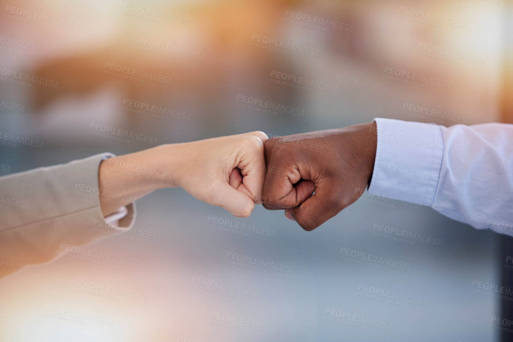 Buy stock photo Hands fist bump, support and diversity for business people with goals, motivation and inspiration by blurred background. Closeup, hand touch and solidarity with team building, trust and partnership