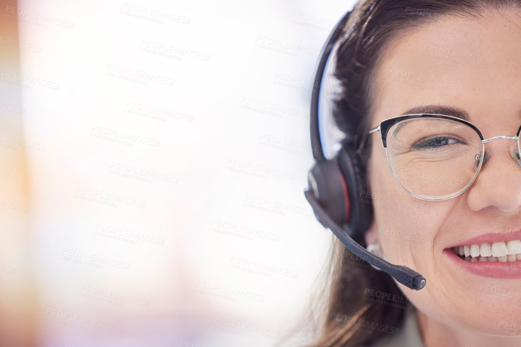 Buy stock photo Woman, smile and telemarketing call center office for customer service, crm support and consulting employee happiness. Contact us, online communication and happy consultant agent face for mockup 