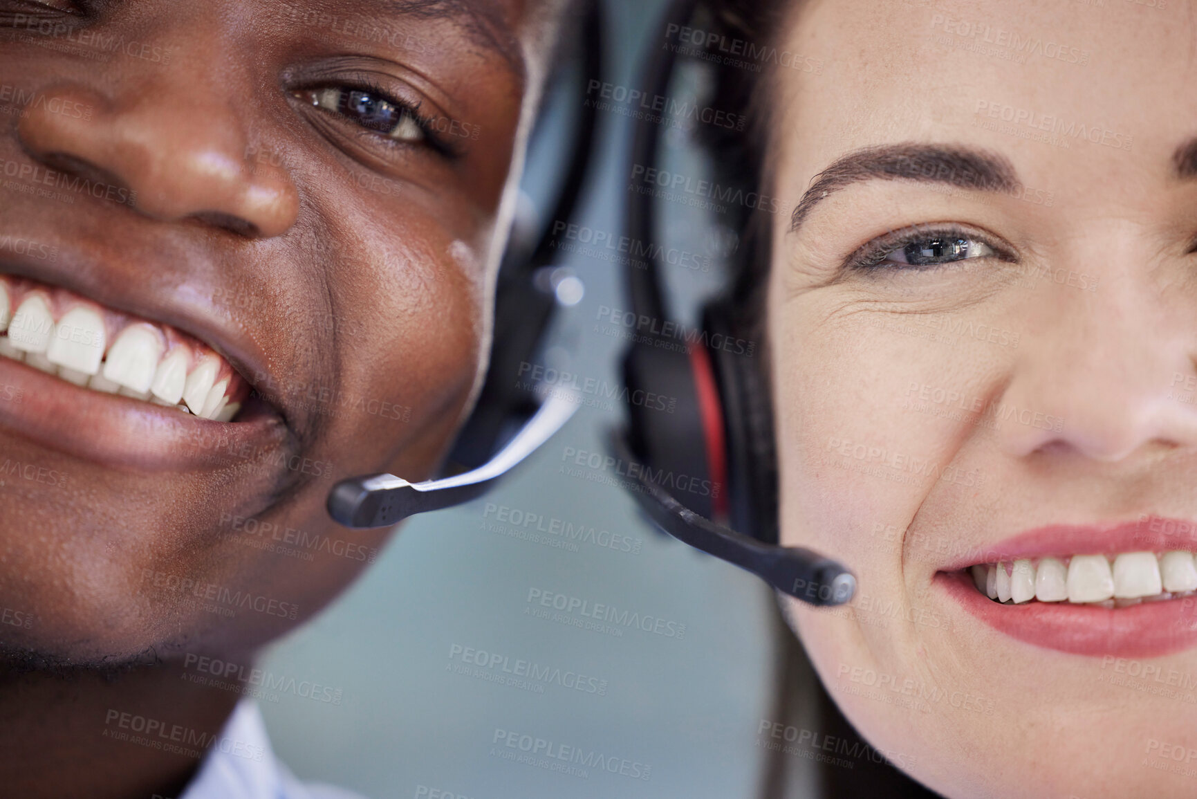 Buy stock photo Black man, woman and call center in closeup, smile and portrait for teamwork, help and customer service. Crm expert faces, telemarketing team or consulting support with diversity, vision and pride