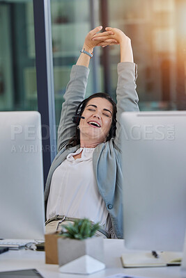 Buy stock photo Call center, woman and tired with stretching in office by computer with smile, relax or customer service. Crm expert, telemarketing and consulting for tech support with stress relief, muscle or happy