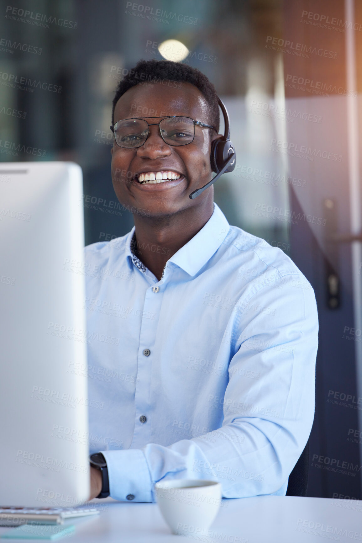 Buy stock photo Black man, call center and portrait by computer with smile, typing and customer service in office. Crm expert, telemarketing and consulting for tech support at desk with happiness, success and pride