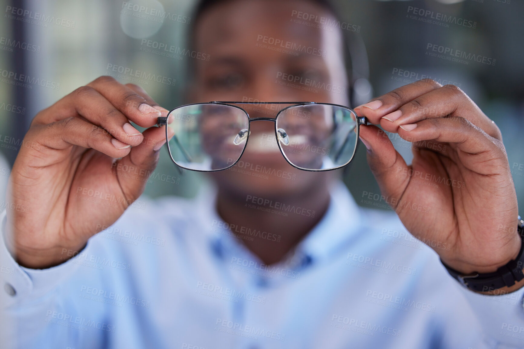 Buy stock photo Businessman, cleaning glasses and office for healthy vision, smile or happy for clear eyesight. Black man, hands or fashion spectacles for african corporate worker with excited happiness at workplace