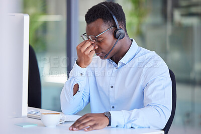 Buy stock photo Tired, headache and call center with businessman at computer for frustrated, stress and mental health. Telemarketing, customer support and contact us with employee with burnout, anxiety or overworked