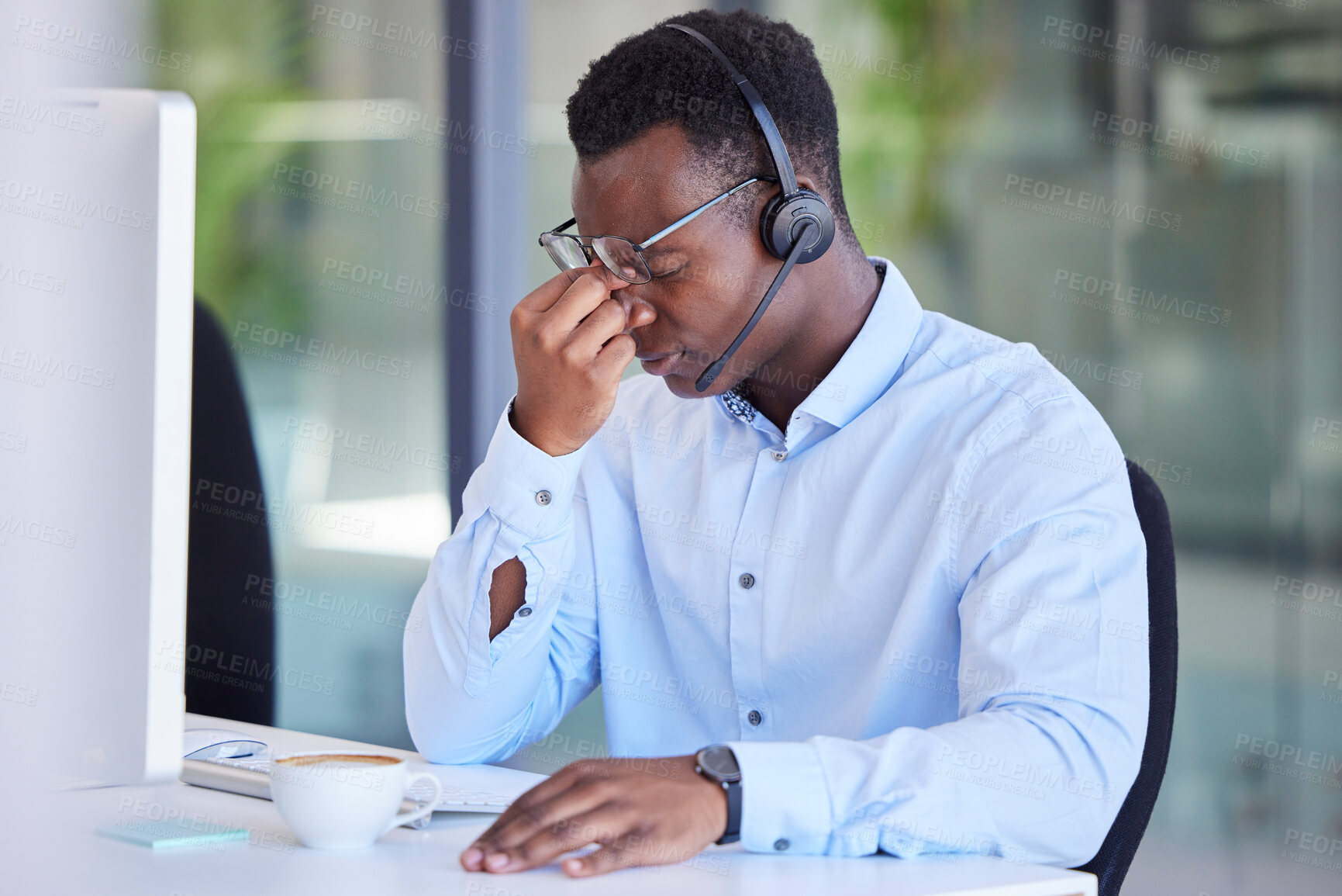 Buy stock photo Tired, headache and call center with businessman at computer for frustrated, stress and mental health. Telemarketing, customer support and contact us with employee with burnout, anxiety or overworked