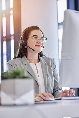 Buy stock photo Woman, telemarketing and typing computer in call center office for customer service, crm support and consulting employee. Contact us, online communication and happy consultant agent working on pc