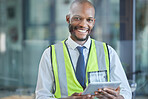 Portrait, black man and engineer with tablet for engineering research. Architecture, construction and happy male architect or contractor from Nigeria holding touchscreen technology for communication.