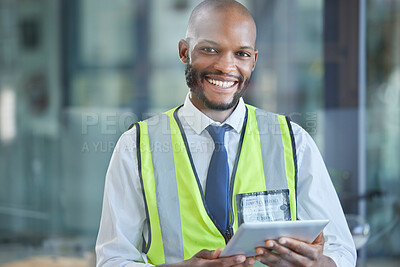 Buy stock photo Portrait, black man and engineer with tablet for engineering research. Architecture, construction and happy male architect or contractor from Nigeria holding touchscreen technology for communication.