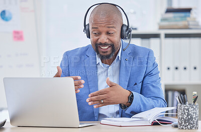 Buy stock photo Black man, laptop and consulting on video call for telemarketing, meeting or business idea at the office. African American male consultant in communication on computer for strategy or project plan