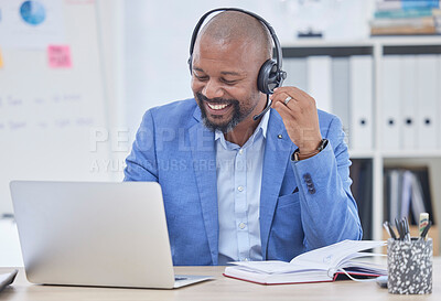 Buy stock photo Telemarketing, sales consultant or black man with crm communication, call center and consulting on laptop. Business, smile and telecom agent, financial advisor or technical support person on computer