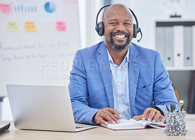 Buy stock photo Call center, consultant or black man portrait for telemarketing sales, crm communication and consulting strategy. Business, services and telecom agent, financial advisor or technical support person