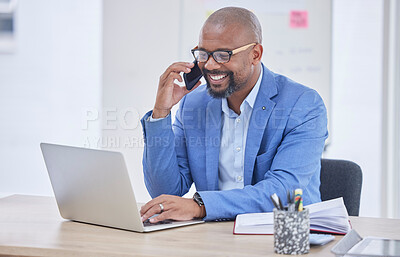 Buy stock photo Black man, laptop and phone call communication in office for web design, online conversation or smile reading tech email. African businessman, happy planning strategy and talking on smartphone call