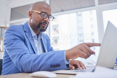 Buy stock photo Thinking, black man point and business computer of an accounting website developer with idea. Laptop, working and web design research of a tech employee planning digital innovation project with data
