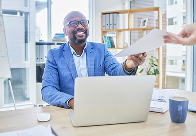 Buy stock photo Paper, black man and business computer with accounting worker getting tax return contract. Documents, agenda and finance stock market research of a employee happy about data analytics paperwork 