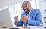 Black man, laptop and fist celebration in office for web design success, happiness or winner achievement. African businessman, celebrate and happy hands gesture for online communication on device