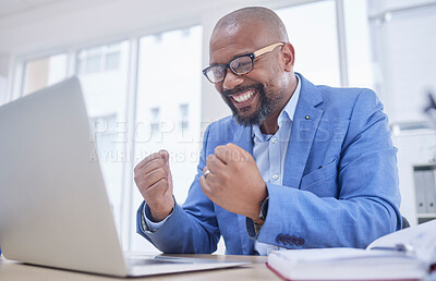 Buy stock photo Black man, laptop and fist celebration in office for web design success, happiness or winner achievement. African businessman, celebrate and happy hands for online communication on digital device 