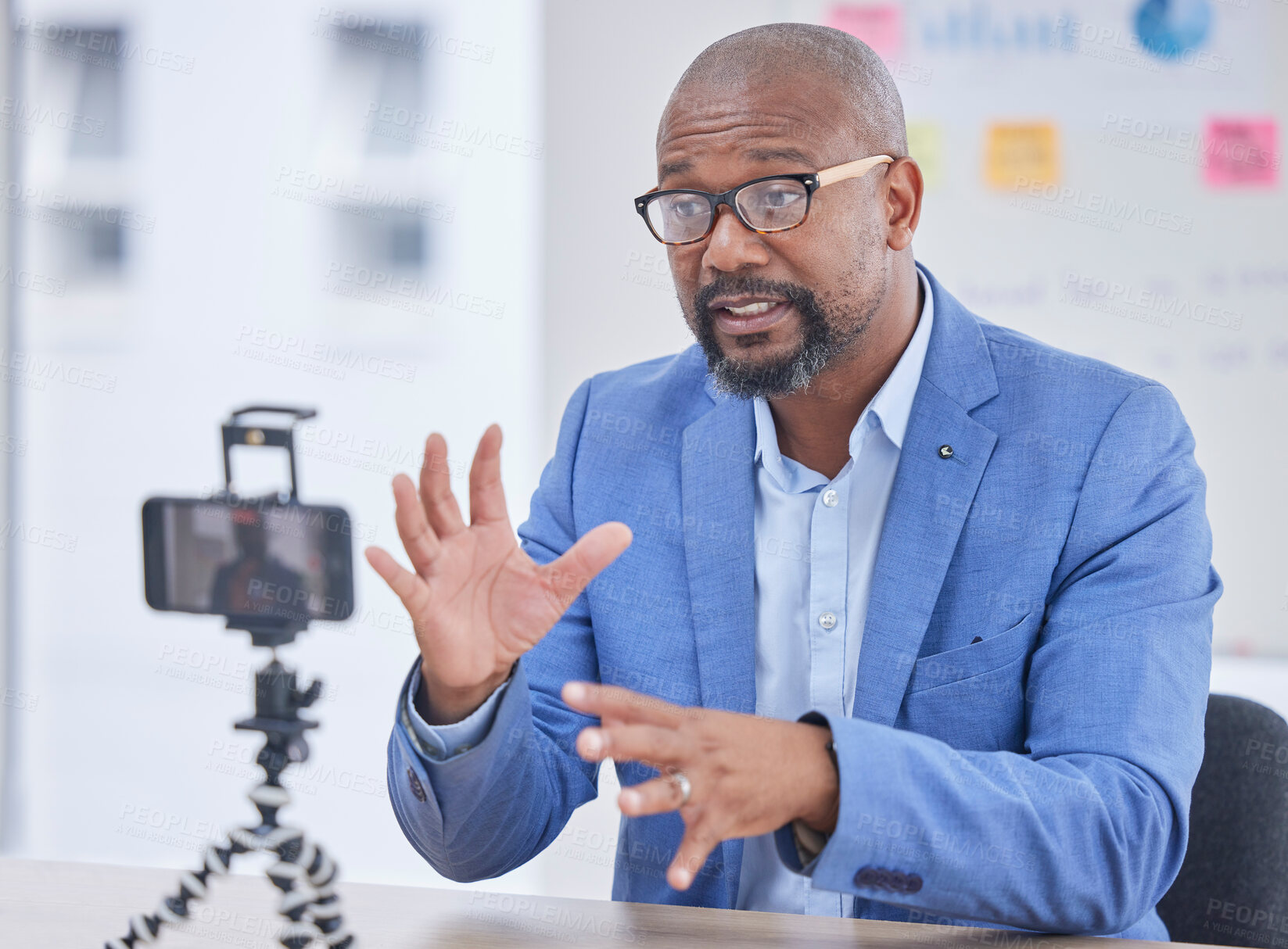 Buy stock photo Smartphone, business webinar and black man talking for coaching, teaching and online workshop. Communication, network and entrepreneur influencer record seminar for success, strategy and leadership