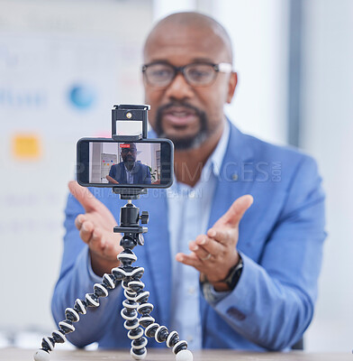Buy stock photo Business webinar, smartphone and black man talking for coaching, teaching and online workshop. Communication, network and entrepreneur influencer record seminar for success, strategy and leadership