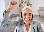 Winner, success or excited black woman in call center company in celebration of winning a business deal. Smile, remote work or happy insurance agent celebrates reaching sales target, goals or mission