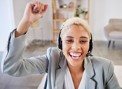 Buy stock photo Winner, success or excited black woman in call center company in celebration of winning a business deal. Smile, remote work or happy insurance agent celebrates reaching sales target, goals or mission