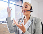 Business, black woman and call center for customer support, talking and telemarketing with happy agent. African American female consultant, lady and employee with headset, tech support and speaking