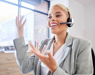 Buy stock photo Business, black woman and call center for customer support, talking and telemarketing with happy agent. African American female consultant, lady and employee with headset, tech support and speaking