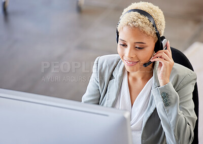 Buy stock photo Top view, call center and black woman in office, customer support for telemarketing, help or consulting. African American female agent, lady or consultant with headset, advice or talking in workplace