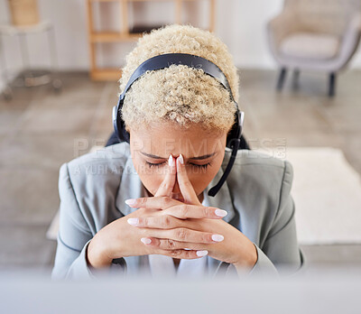 Buy stock photo Black woman, stress headache and telemarketing in call center office for crm contact us and customer support helpline. African girl, frustrated and overworked networking consultant upset in agency