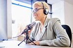 Podcast, radio and microphone of black woman in radio show, live streaming or audio conversation for broadcast. Influencer, speaker or social media presenter with online platform for politics or news
