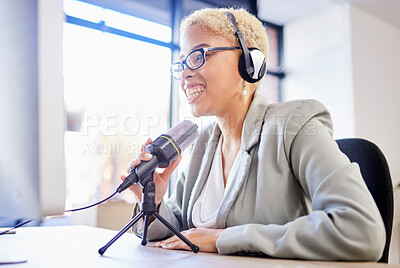 Buy stock photo Podcast, radio and microphone of black woman in radio show, live streaming or audio conversation for broadcast. Influencer, speaker or social media presenter with online platform for politics or news