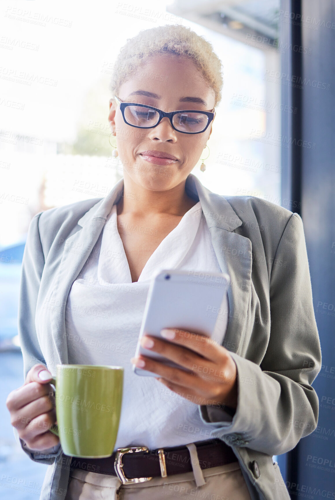 Buy stock photo Business, coffee and black woman with smartphone, fintech and typing for social media, communication and office. Jamaican female employee, entrepreneur and leader with cellphone, text and connection