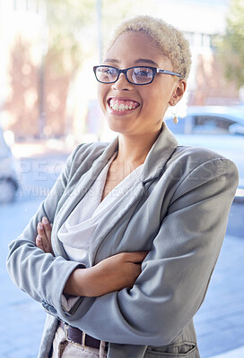Buy stock photo Business, black woman and arms crossed in city, smile or confident girl, startup or leadership. African American female employee, entrepreneur outdoor or gesture for leader, corporate deal or success