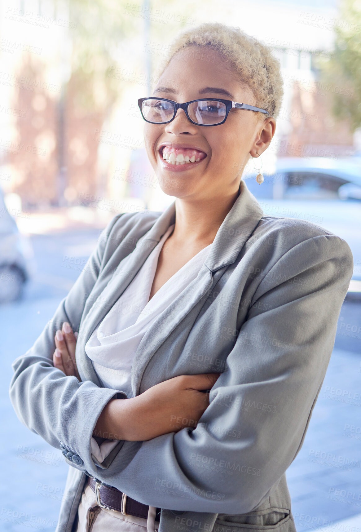 Buy stock photo Business, black woman and arms crossed in city, smile or confident girl, startup or leadership. African American female employee, entrepreneur outdoor or gesture for leader, corporate deal or success