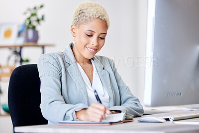 Buy stock photo Business woman, writing and planning schedule in notebook with a smile at office administration desk. Professional person happy while making note of agenda, list and planner for corporate management