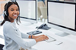 Computer, call center and customer service woman portrait while online for CRM, contact us or sales website. Black person at help desk for telemarketing, support and communication typing with a smile