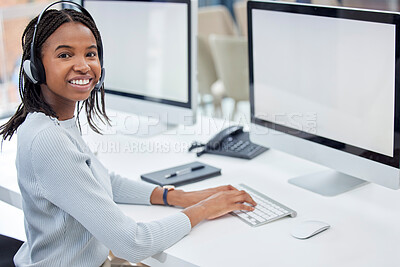 Buy stock photo Computer, call center and customer service woman portrait while online for CRM, contact us or sales website. Black person at help desk for telemarketing, support and communication typing with a smile