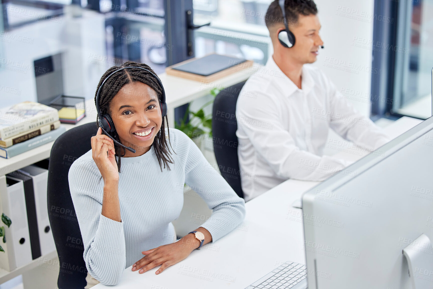 Buy stock photo Customer service, call center and happy woman at desk while consulting online for CRM, contact us or sales. Support team people at office help desk for telemarketing and communication with a smile