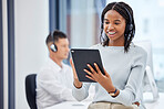 Call center woman, tablet and office for research, focus and analytics with smile, diversity and networking. Customer support, consultant and black woman in tech support, telemarketing and service