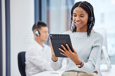 Buy stock photo Call center woman, tablet and office for research, focus and analytics with smile, diversity and networking. Customer support, consultant and black woman in tech support, telemarketing and service
