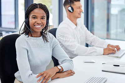 Buy stock photo Woman portrait, call center and customer service at office while consulting online for CRM or contact us. Happy team at help desk for telemarketing, sales support and communication with a smile