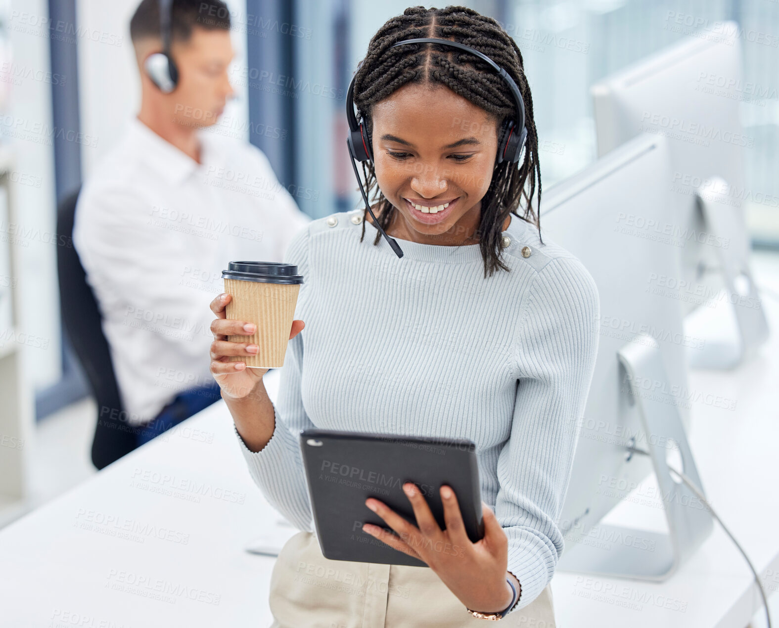 Buy stock photo Call center agent, tablet and office for research, focus and analytics with smile, coffee cup and networking. Customer service, consultant and black woman in tech support, telemarketing and service